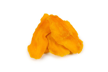 Tasty sugar mango slices background. Top view.