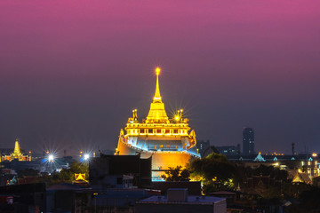 Golden mountain Temple night view, The most tourist destination landmark in Bangkok of Thailand