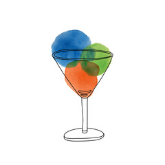 Ice cream in a glass cup. Doodle style and watercolor stains. Blue, orange and green colors.  Hand drawn illustration isolated on white background. 