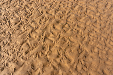 Top view image of brown wet sand  wave textured on the beach