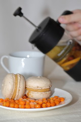 vitamin tea from sea buckthorn , mint, rosehip in winter, delicious tea for beriberi, sea buckthorn soft drink