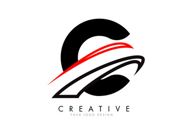 C letter logo with Black and Red Monogram Swashes Design.