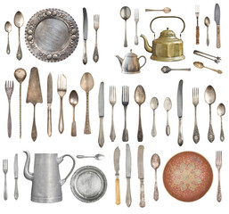 Set of beautiful antique items, old silverware. Retro. Vintage. Isolated on white background