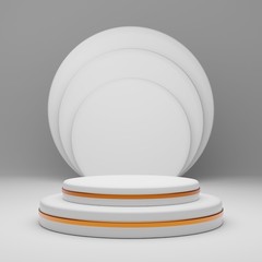 Minimalist white and gold pedestal for product showcase. Empty stage, metallic gold. Geometric cylinder. 3d render illustration