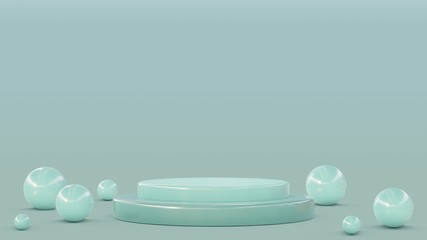 Minimalist pink pedestal for product showcase. Geometric spheres shapes on the background. Empty stage, blue color. Geometric cylinder. 3d render illustration
