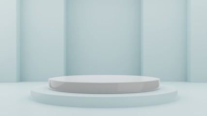 Obraz na płótnie Canvas Minimalist light blue geometric pedestal for product showcase. Blue background. Empty mock up template. Cylinder shape. Blank stage. 3d render illustration