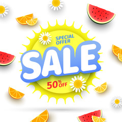 Sale banner with fruits, watermelons and chamomiles. Vector illustration.