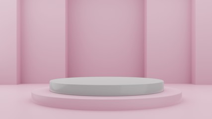 Fototapeta na wymiar Minimalist rose geometric pedestal for product showcase. Pink background. Empty mock up template. Cylinder shape. Blank stage. 3d render illustration