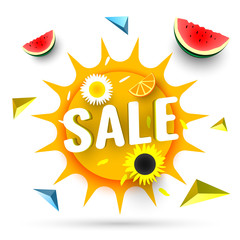 Sale banner. Summer colorful background with sunflower, chamomile, orange and watermelons. Vector illustration.