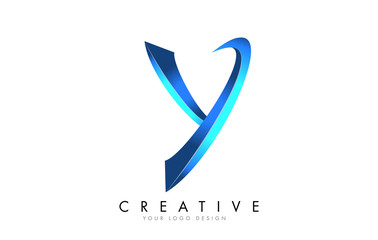 Creative Y letter logo with Blue 3D bright Swashes. Blue Swoosh Icon Vector. - obrazy, fototapety, plakaty