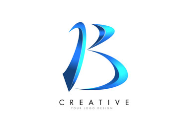 Creative B letter logo with Blue 3D bright Swashes. Blue Swoosh Icon Vector.