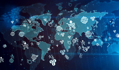 Obraz na płótnie Canvas Online shopping symbols on digital globe background