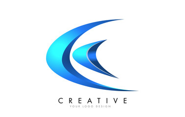 Creative C letter logo with Blue 3D bright Swashes. Blue Swoosh Icon Vector.