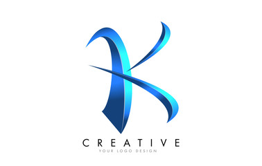 Creative K letter logo with Blue 3D bright Swashes. Blue Swoosh Icon Vector.