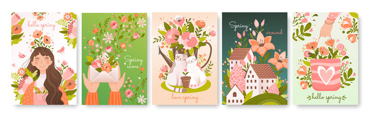Set of five different Spring season card designs with flowers, people, houses and cats in love in muted shades of green, orange and pink, vector illustration