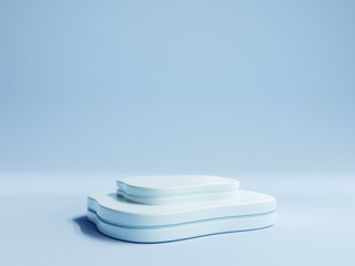 Minimalist pedestal for product showcase on a pastel blue background. Empty stage. Abstract shape. 3d render illustration