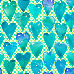 Background of hearts .Watercolor drawing.Seamless pattern.Blue hearts and polka dots .Design for Valentine's Day , happy birthday, illustration, wrapping paper, card, fabric.