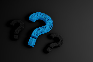 A set of thin strands twisted together in the form of three question marks on black background. 3D illustration.