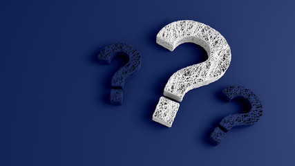 A set of thin thread intertwined in the shape of a question mark on a blue background. 3D illustration.