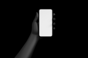 Female hand holding black cellphone with white screen at isolated background. - obrazy, fototapety, plakaty