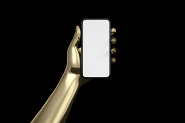 Female hand holding black cellphone with white screen at isolated background.