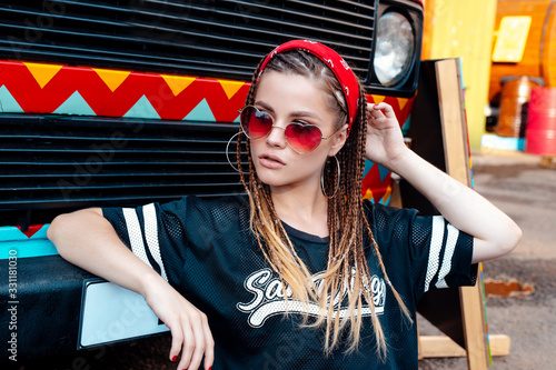 Fashion Portrait Of Young Hipster Woman With Bandana And Sunglasses  Hairstyle Small Braids Attractive Wall Mural | Attracti-Elena Kratovich