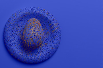 Easter concert. An egg woven from a variety of thin metallic shiny threads painted in bright colors lies on a round stand nest on a plain blue background. 3D illustration.
