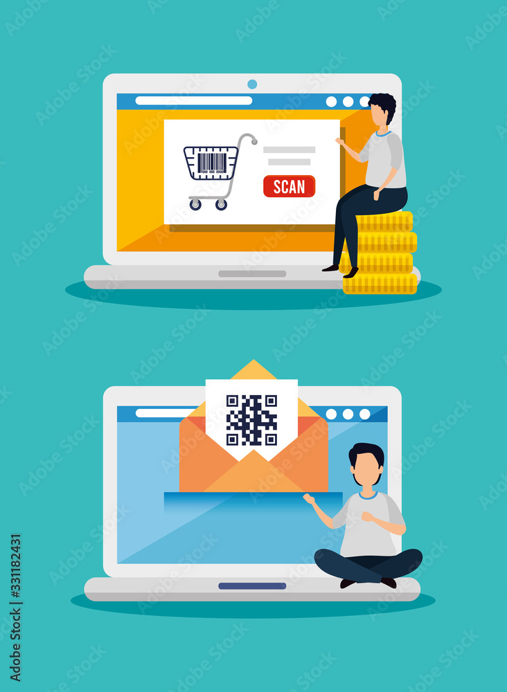 Poster scenes of men with code qr and icons vector illustration design