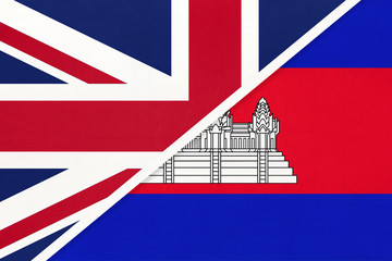 Fototapeta na wymiar United Kingdom vs Cambodia national flag from textile. Relationship between two european and asian countries.
