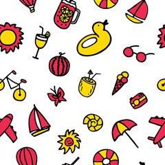 Colorful summer seamless pattern with hand drawn elements