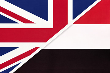 United Kingdom vs Yemen national flag from textile. Relationship between two european and asian countries.