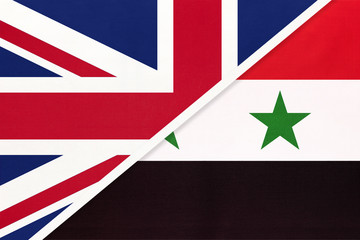 United Kingdom vs Syria national flag from textile. Relationship between two european and asian countries.