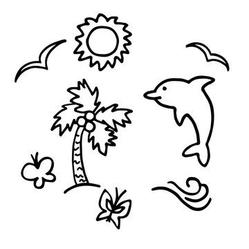 Summer elements. Hand drawn icons for print and digital. Black on white