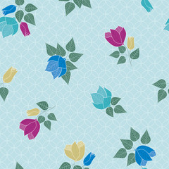 Vector Flowers in Blue Pink Yellow Aqua with Green Leaves Scattered on Aqua Background Seamless Repeat Pattern. Background for textiles, cards, manufacturing, wallpapers, print, gift wrap and