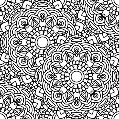 Mandala ethnic seamless pattern. Adult coloring page. Black and white repeat pattern background. Vector illustration.