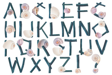 Fototapeta na wymiar Spiral seashells and driftwood whole alphabet, eco abc on white background
