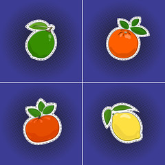 Set of citrus fruits sticker on a purple violet pop art halftone background, lime and orange, mandarin and lemon, pins or patches, retro style, vector illustration