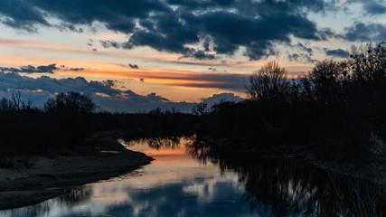 sunset and crowned crane on rever, nature, wildlife