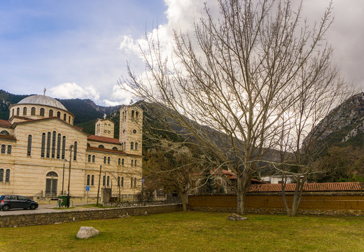 Saint Athanasios chur and the historical Gravia inn in Gravia village in Greece