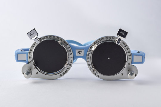 Optometrist medical equipment of pinhole on trial frame test, Equipment tool for test vision isolated on white background.