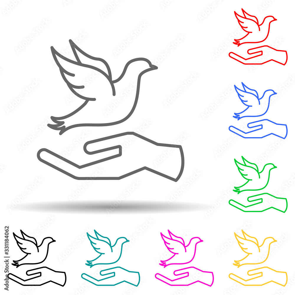 Poster hand and dove multi color set icon. simple thin line, outline vector of human rights icons for ui an