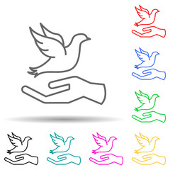Hand and dove multi color set icon. Simple thin line, outline vector of human rights icons for ui and ux, website or mobile application