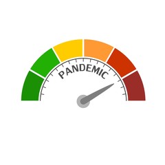 Color scale with arrow from red to green. The pandemic level measuring device icon. Sign tachometer, speedometer, indicators. Colorful infographic gauge element.