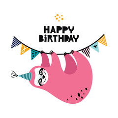 Cute kawaii sloth hanging on a festive garland with flags. Cartoon baby bear at a party. Birthday of a funny sloth. Scandinavian flat vector illustration. Design for poster, greeting, birthday card.