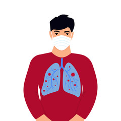 COVID-19. Coronavirus prevention and symptoms. Guy in a protective medical mask. Virus infected lungs. Pneumonia