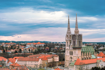 Fototapeta na wymiar Panoramic aerial view of Zagreb Cathedral, Croatia