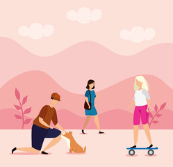 couple with dog in landscape nature vector illustration design