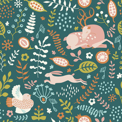 seamless pattern with nature ornament. Leaves, flowers, bird, deer and hare