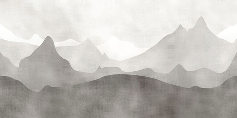 Landscape of a mountain in a fog. Illustration of a panoramic view of mountains . Seamless background.