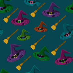 seamless pattern with multicolored wizard's hats and flying broomsticks on dark blue background. Halloween print. Magician design. 